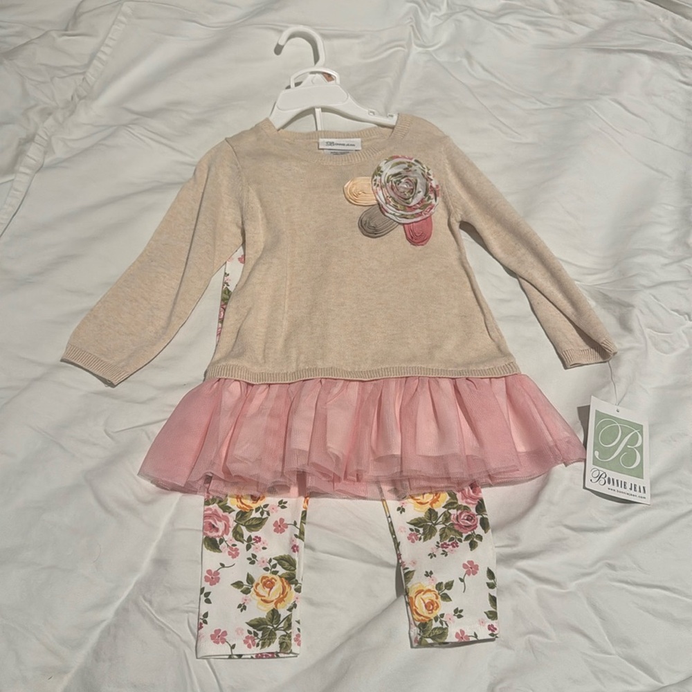 Bonnie Jean NWT Two Piece Toddler Girl Tutu Sweater and Floral Leggings Size 2T
